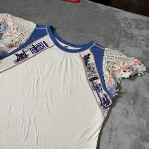 Free People As If Tee Crochet Floral Detail Size M Oversized Boho Coquette